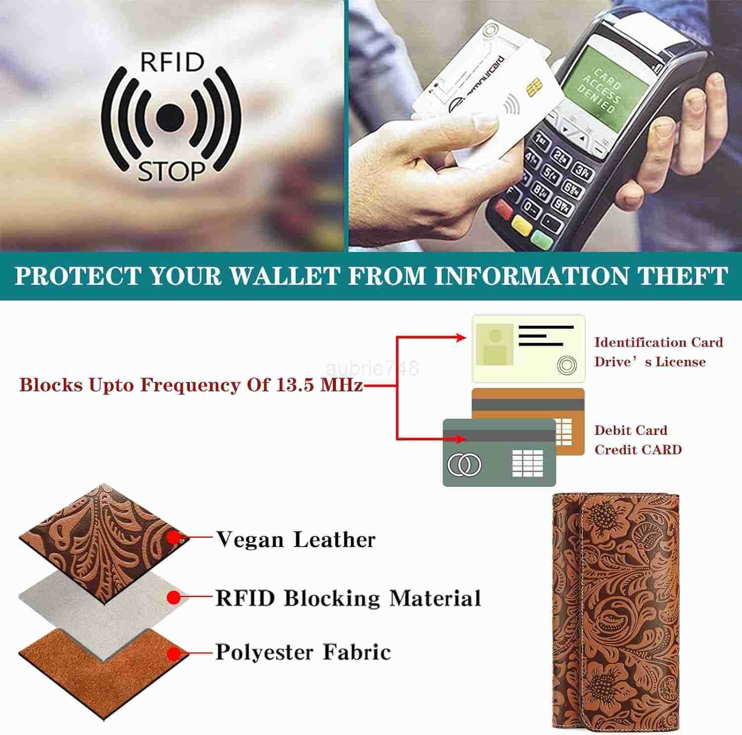 Womens Wallet RFID Blocking Long Clutch Ladies Purse Vegan Leather Embossed Flower BrownZ250910