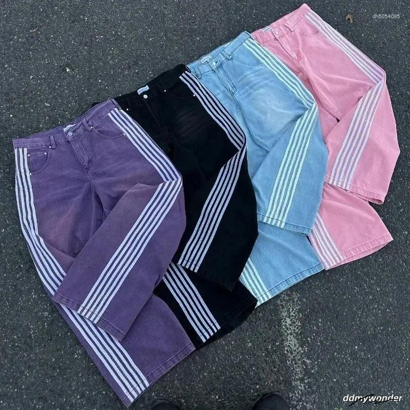 Men's Pants Y2k Baggy Jeans Haruku Striped Embroidered High Quality Vintage Streetwear Hip Hop Goth Men Women Wide Casual Leg Denim Design