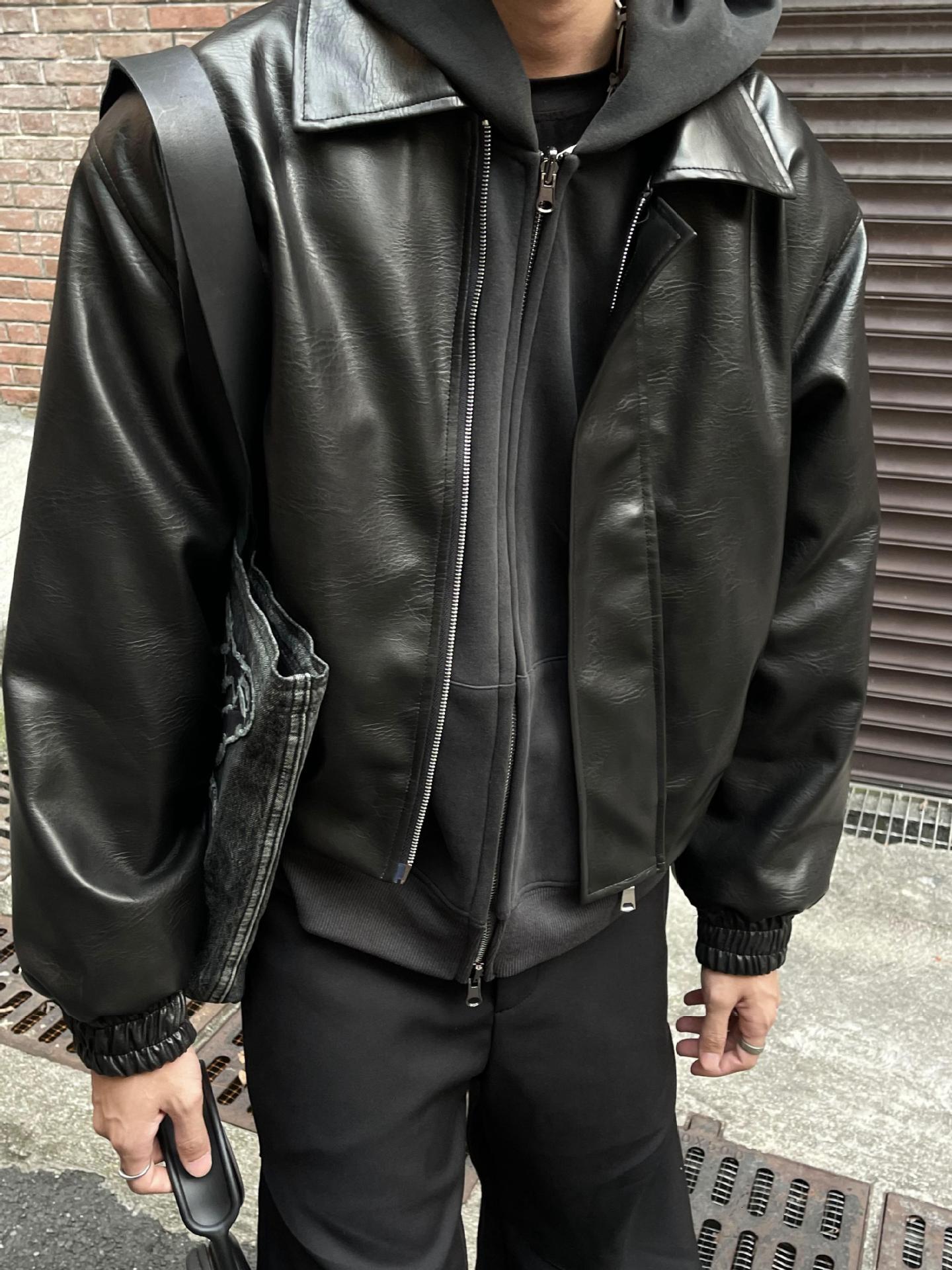 pilot jacket Cleanfit Trendy Short Padded Shoulder Jacket for Men, New Loose Retro Leather Coat for Spring and Autumn 41