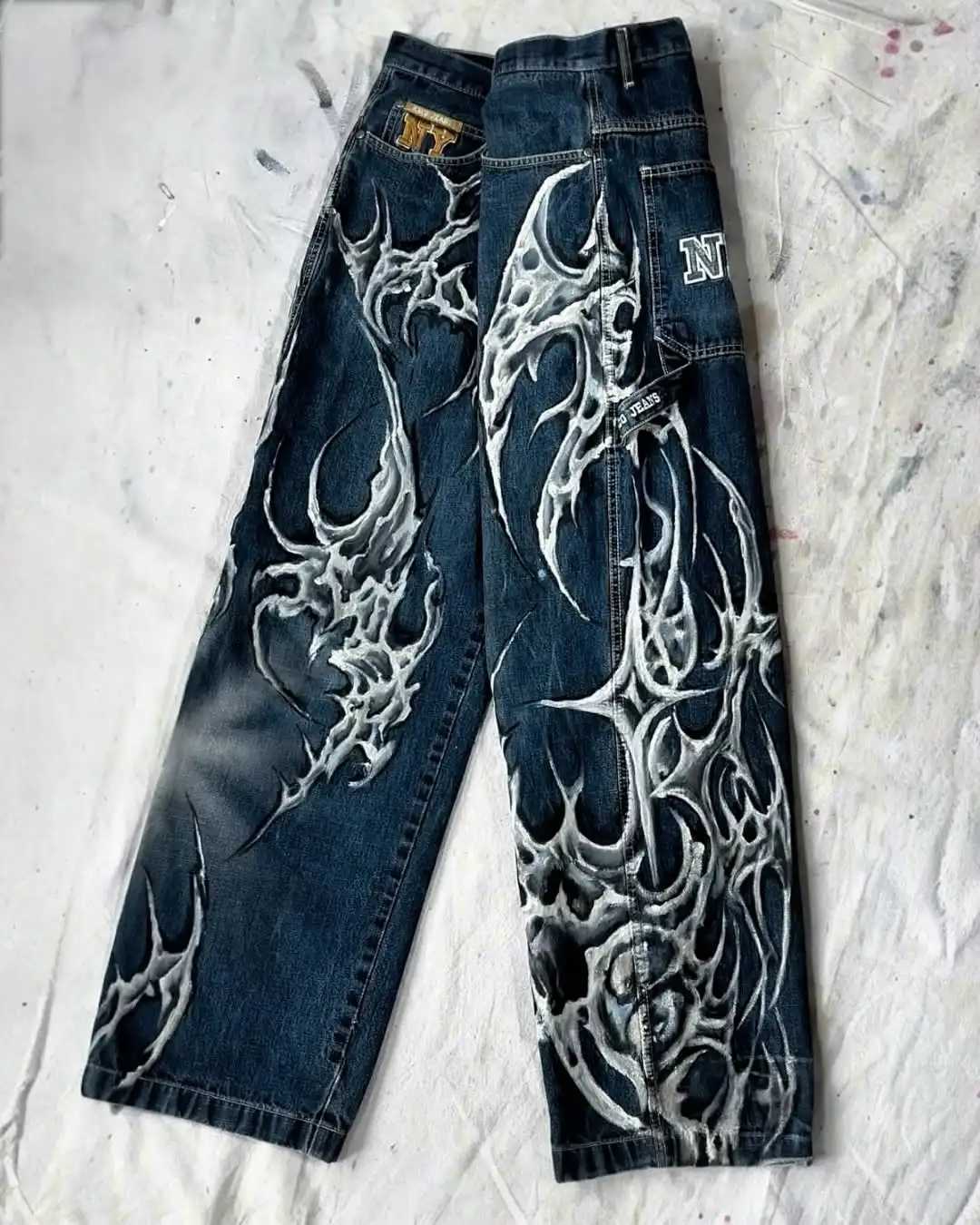 American Fashion Trend Washed Pattern Embroidered Loose Jeans Street Womens New Hip Hop Wide Leg Pants Plus Size Unisex Jeans Z250910