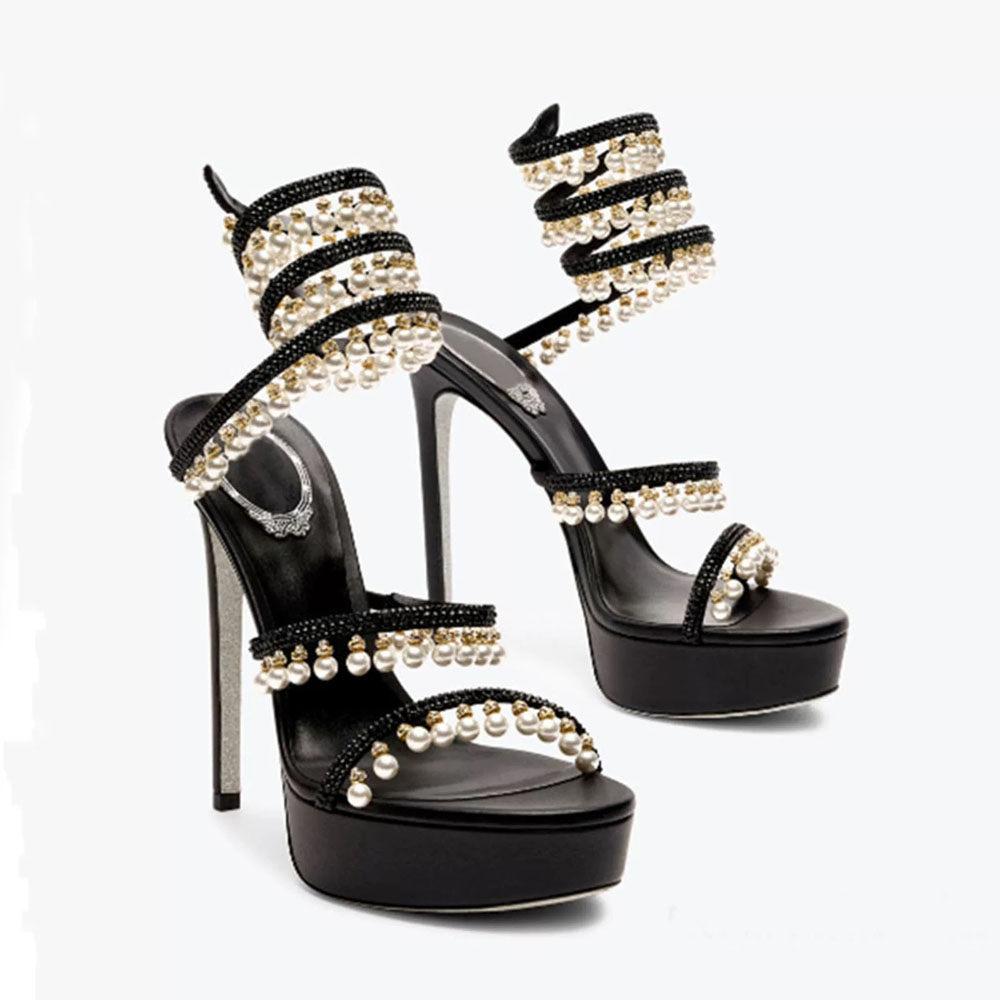 Pearl pendant light Platform heel Sandals Womens High Heeled Ankle Wraparound Dress Shoes Snake Strass Stiletto heels 140mm Luxury Designers Party Sandal