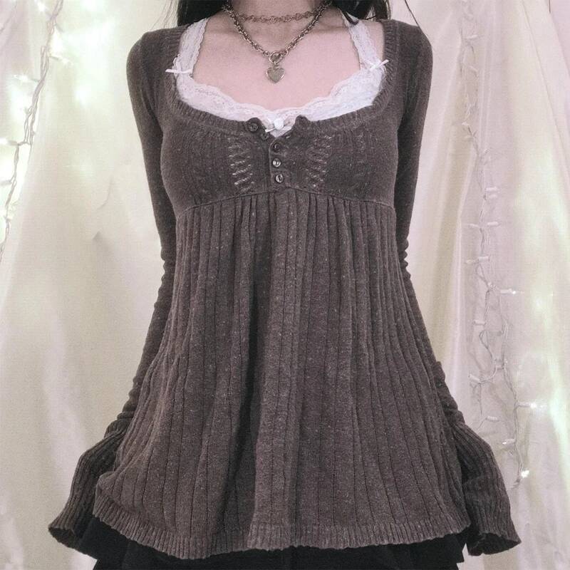 2000s Vintage Long Sleeve Babydoll Knitted Sweater Tops Cottage Milkmaid Pullovers Aesthetic Grunge Y2k Knitwear T-shirts Women dongdumaoyi