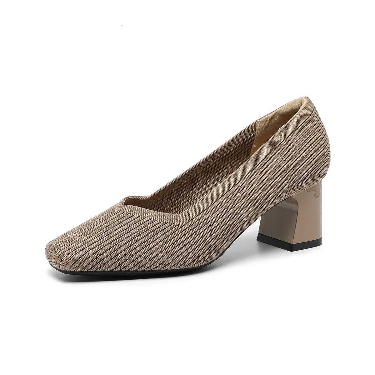 High Heels for Women 2025 New Square Head Vneck Solid Color Allmatch Single Shoes Slip on Breathable Knit Women Work Shoes W250910