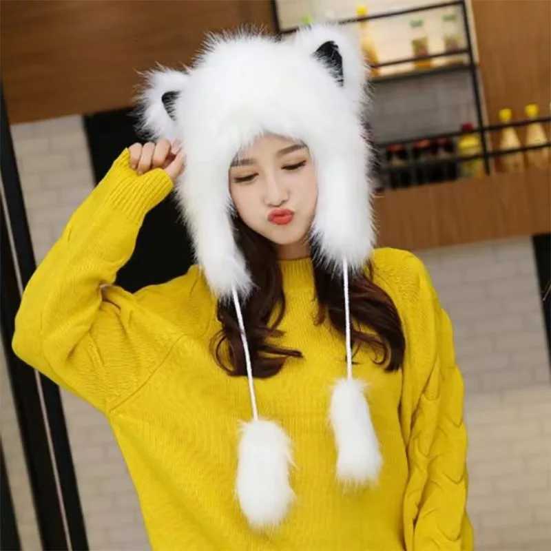 Kaii Fluffy Cat Ear Beanies C Funny Anime Hat Plush Faux Fur Cute Animals Performance Cosplay Props Costume Party HatsXJ250910