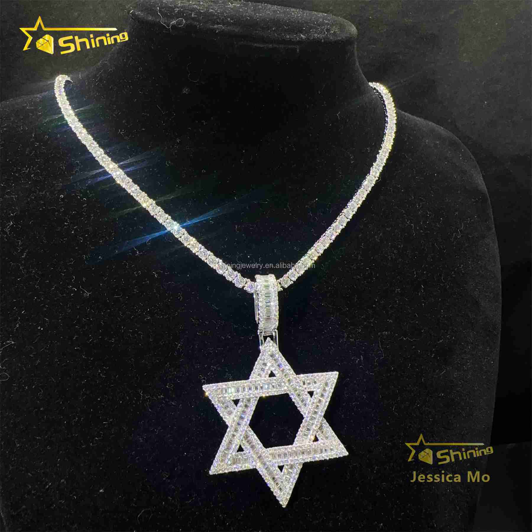 Drop Shipping Hot Selling Iced Out Rapper Pendant 925 Silver Vvs Baguette Moissanite Diamond Hip Hop Star Pendant Necklace Set