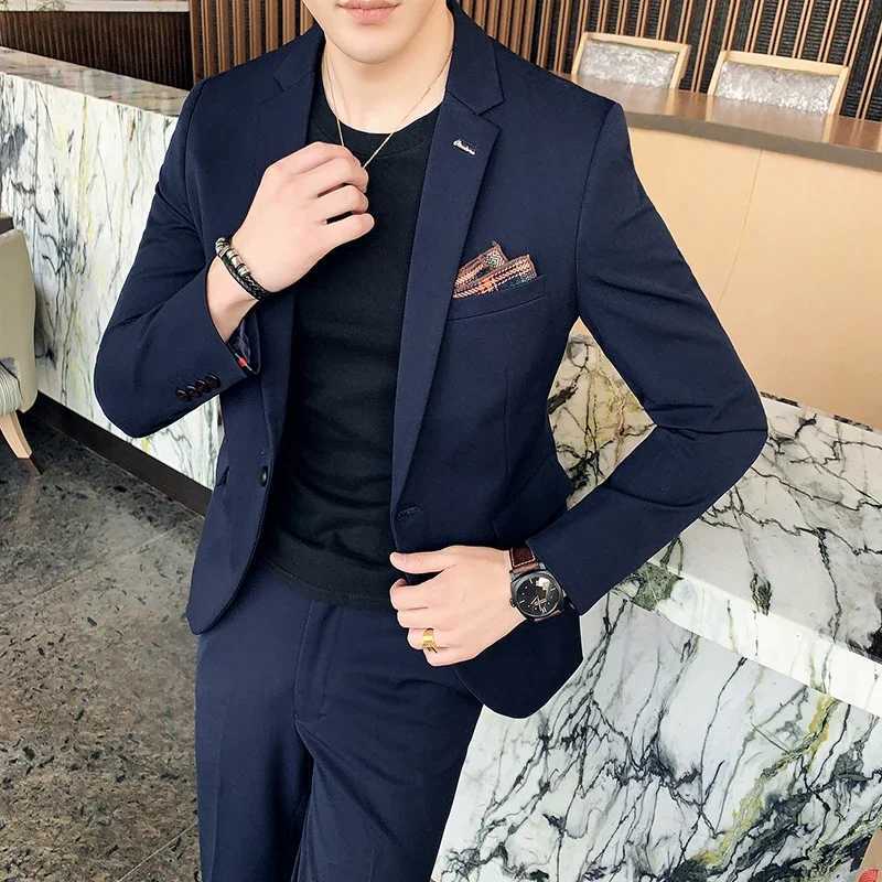 S7XL Jacket Pants Luxurious High end Brand Solid Color Mens Casual Business Slim Suit Two piece Suit Groom Wedding Suit W250910