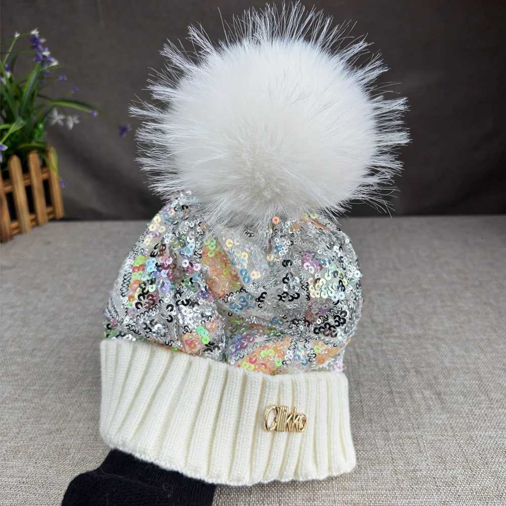 Cllikko brand sequins artificial fur ball knitted wool hat for wens autumn and winter warm ear protection fashion G250910