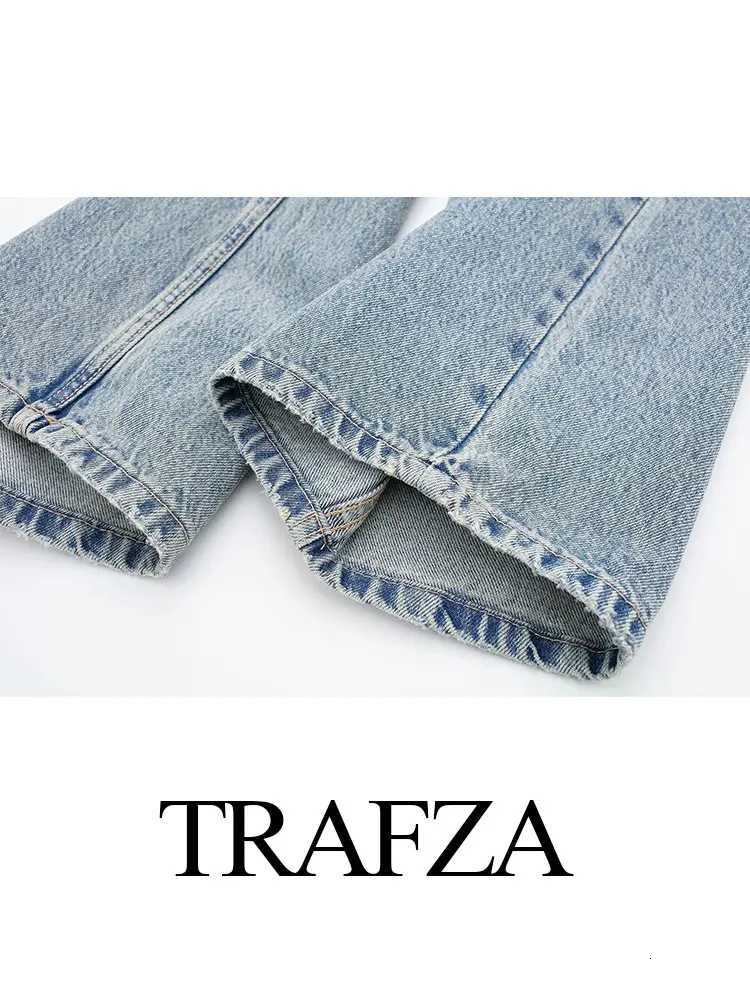 TRAFZA 2024 Vintage Denim Jeans For Women 2 Colors High Waist Zipper Fly Ripped Distressed Patchwork Causal Straight Trousers Z250910