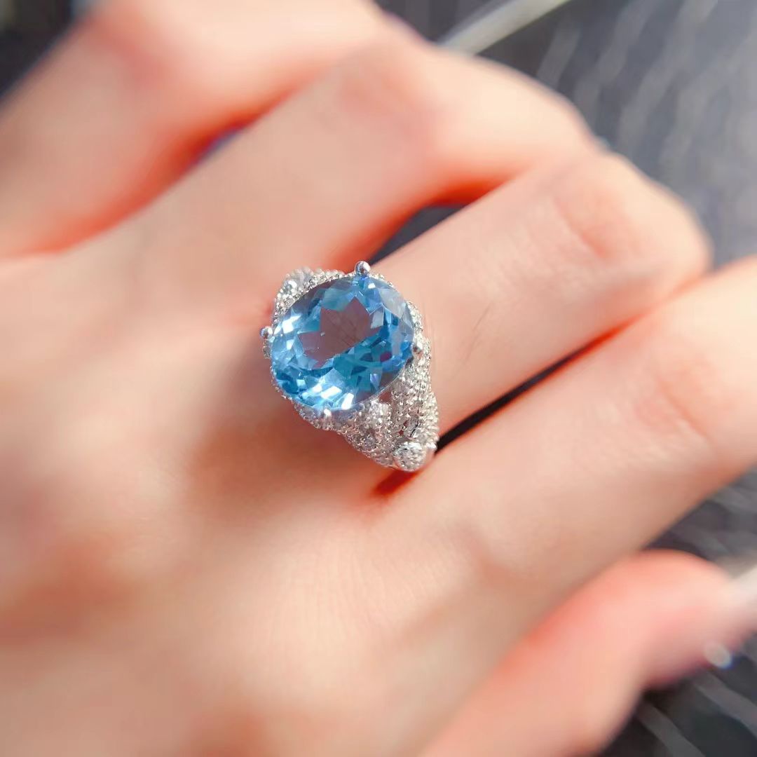Sky blue gemstone silver ring natural topaz jewelry 9mm*11mm 4ct genuine topaz ring for party birthday gift for women