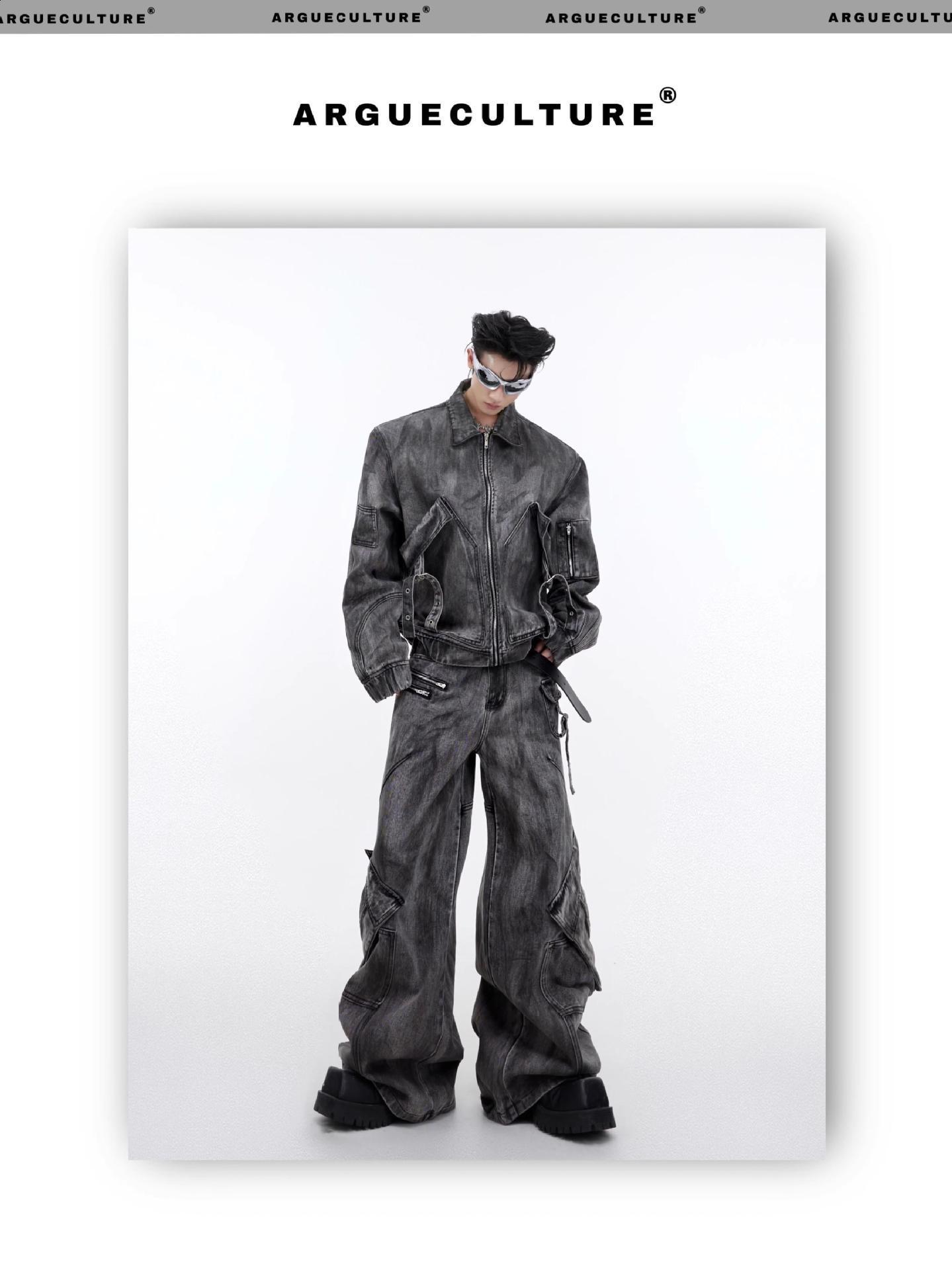NOYMEI fashion mens denim two-piece set solid color autumn winter black cargo wide leg jeans short jacket WA3035 241030