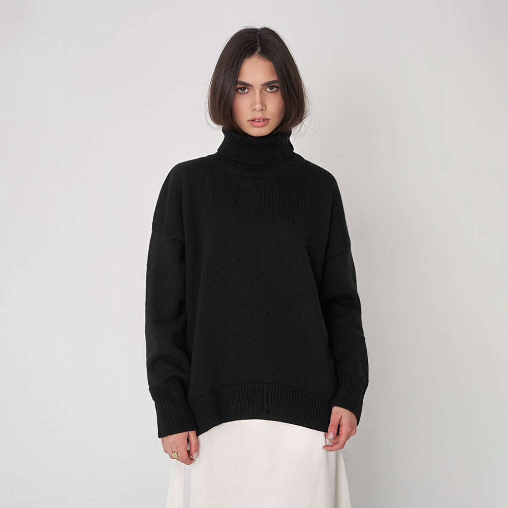 2025 European and American Autumn Winter Loose Knitted Pullover for Women, Solid Color Turtleneck Sweater