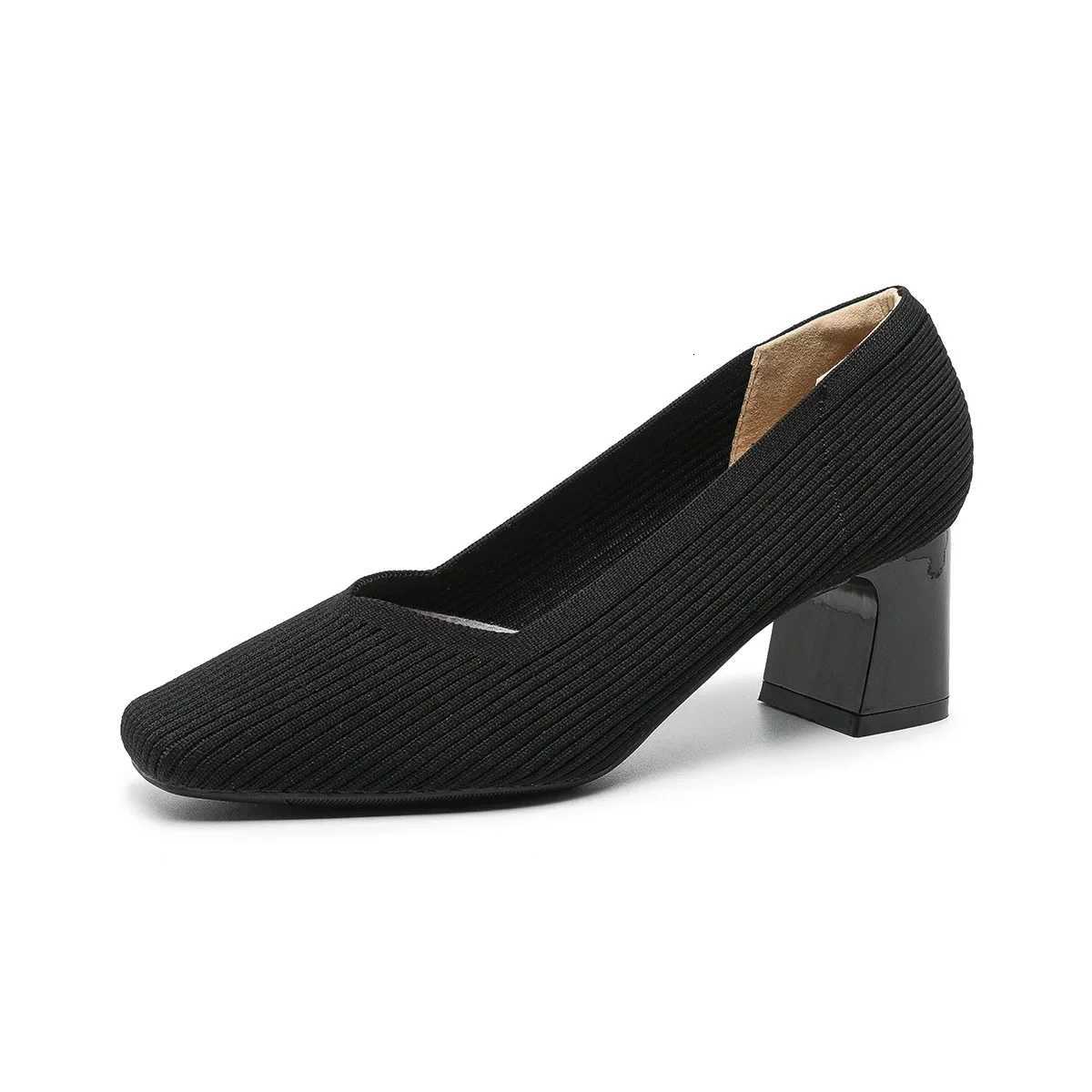 High Heels for Women 2025 New Square Head Vneck Solid Color Allmatch Single Shoes Slip on Breathable Knit Women Work Shoes W250910