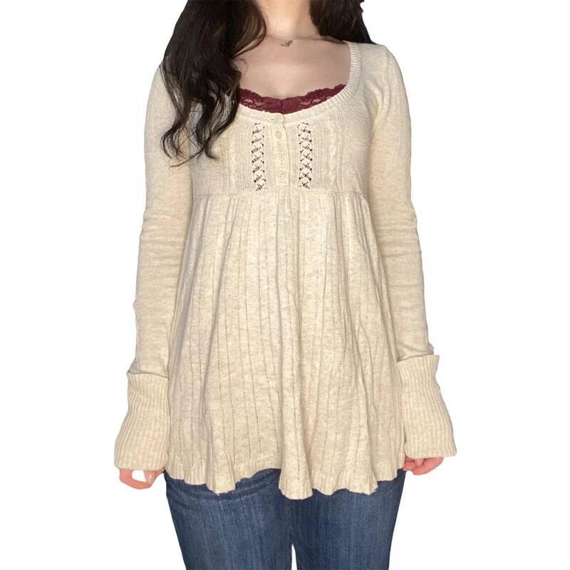 2000s Vintage Long Sleeve Babydoll Knitted Sweater Tops Cottage Milkmaid Pullovers Aesthetic Grunge Y2k Knitwear T-shirts Women dongdumaoyi