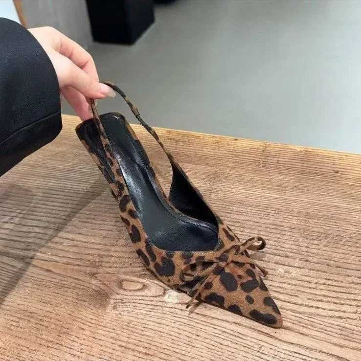Womens Kitten Heels Slingbacks Sandals Leopard Genuine Leather Pointed Toe Party Wedding Shoes Woman Quality Pumps Bow W250910