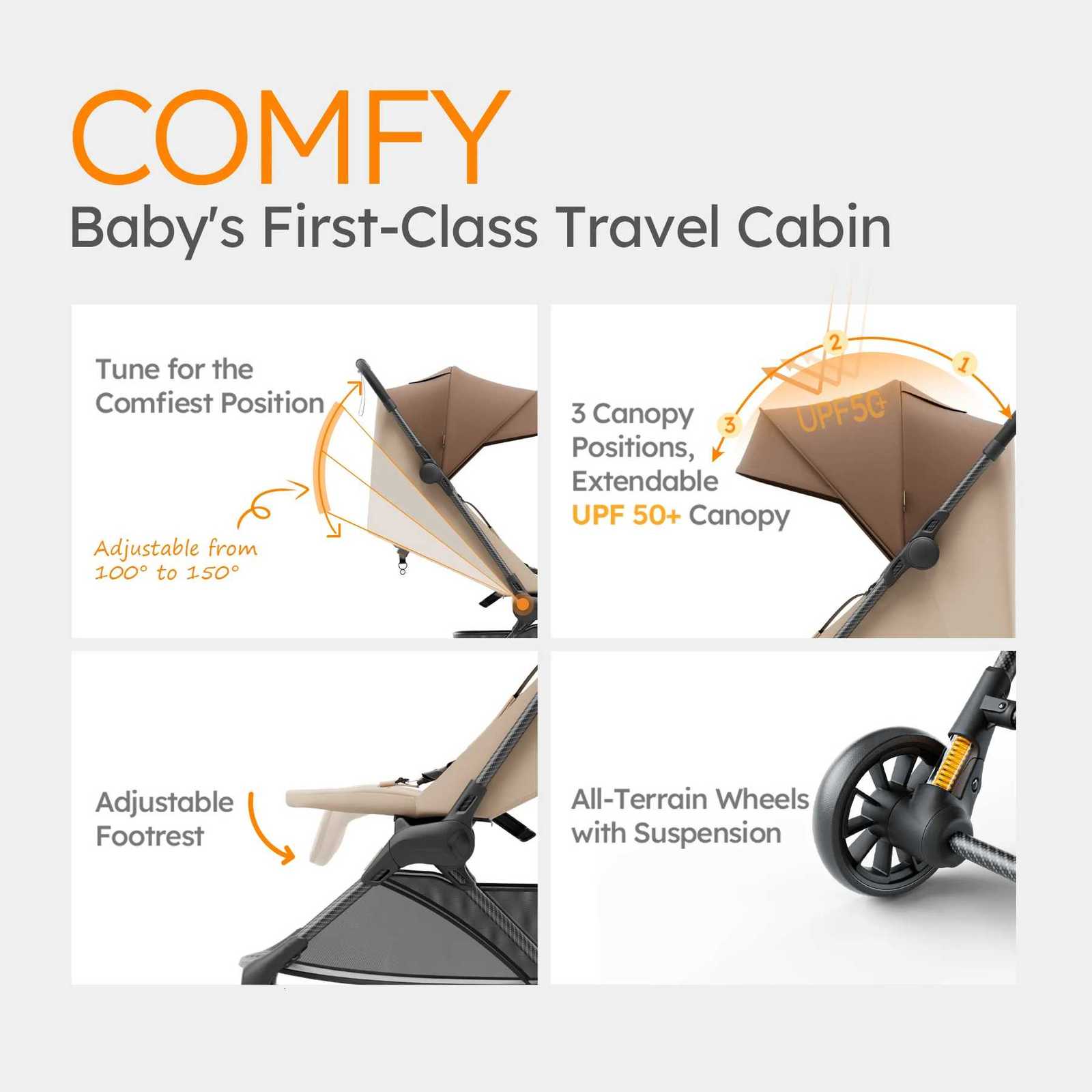 MAMAZING Ultra Air X Lightweight Travel Stroller 99lbs Carbon Fiber with UPF50 Waterproof Fabric BROWN W250910