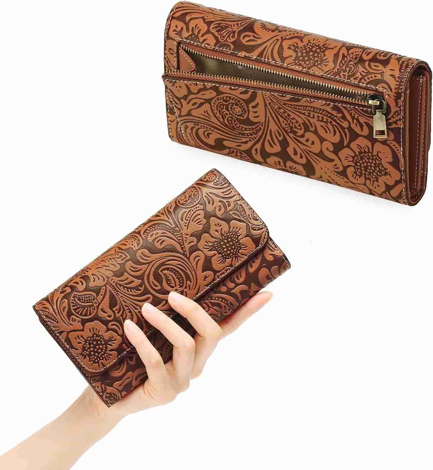 Womens Wallet RFID Blocking Long Clutch Ladies Purse Vegan Leather Embossed Flower BrownZ250910