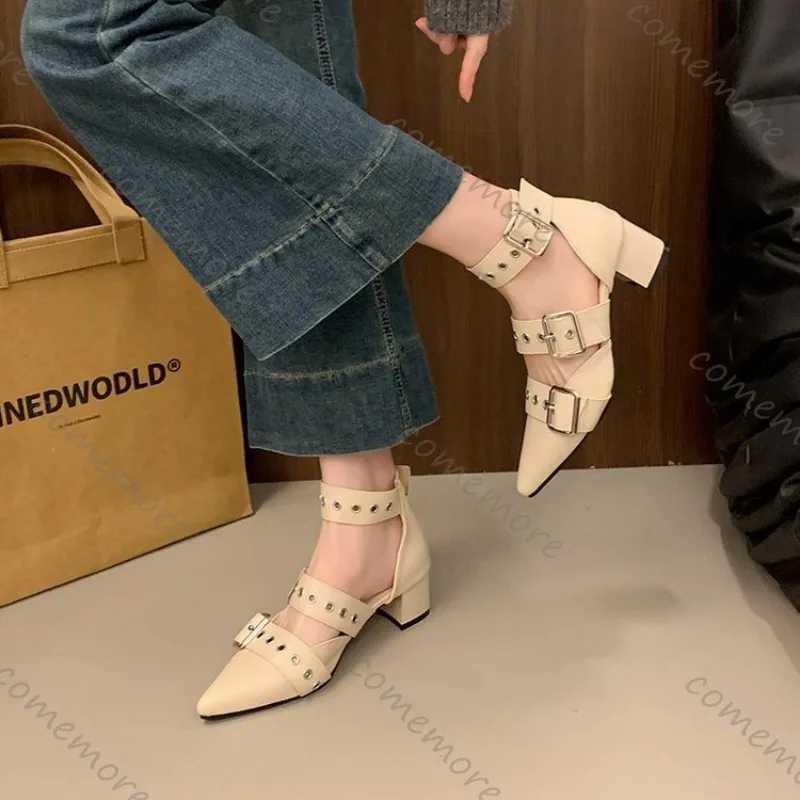 Comemore Retro Belt Buckle Pointed Pumps Chunky High Heeled Riveted Shoes Hollowed Out Solid Womens Baotou Thick Heel Sandals W250910