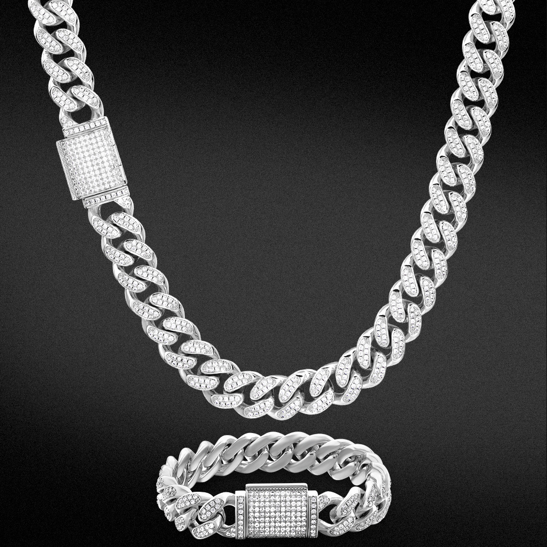 KRKC 12mm Hip Hop Men Iced Out Moissanite Chain Set White 14k Gold Cuban Bracelet Moissanite Diamond Real Cuban Link Chain Necklace