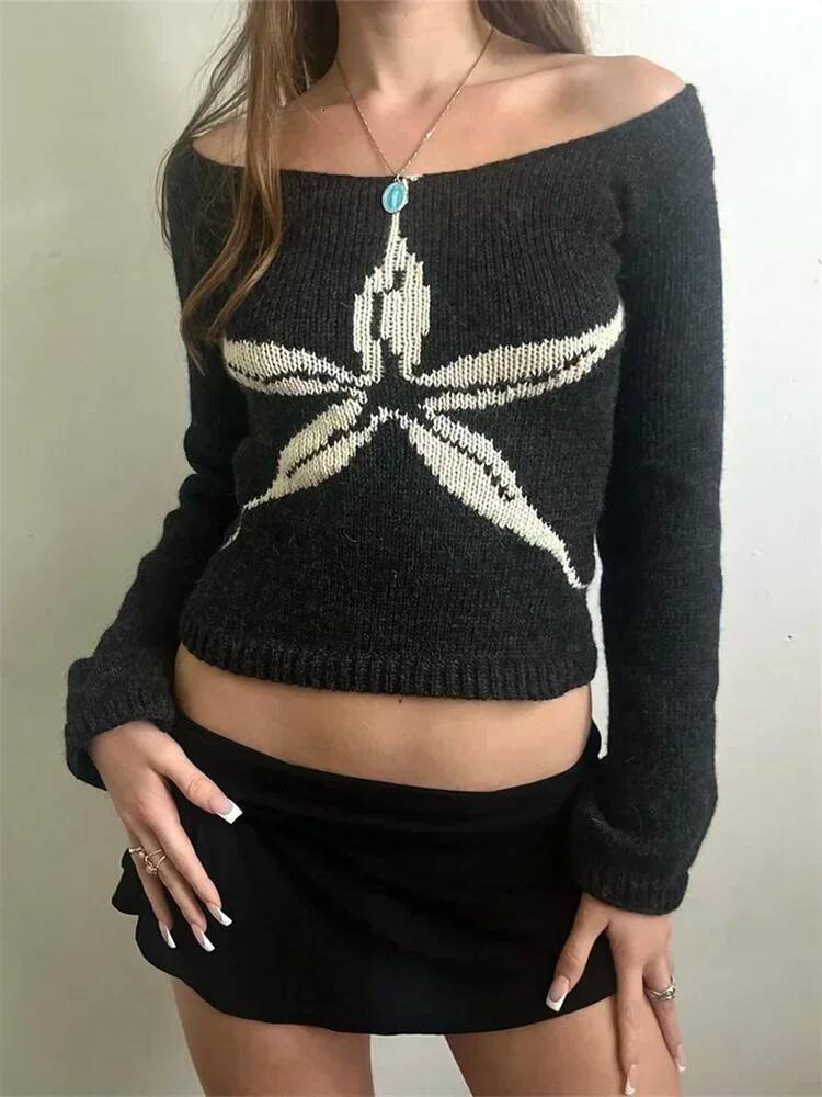 Women's Knit Tops Off Shoulder Slim Sweater Graphic Print Long Sleeve Knitwear Spring Fall Y2K Aesthetic Streetwear dongdumaoyi