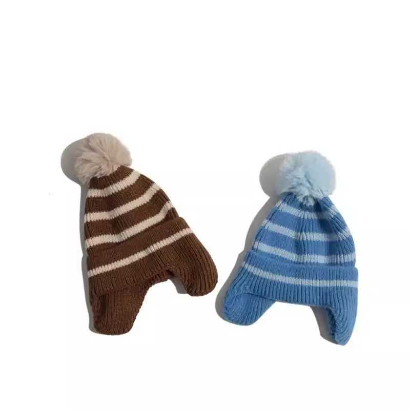 Baby Hat Winter Autumn Korean Striped Knitted Ear Protection Keep Warm Beanie Hats For Girls Boys With Pompom Ball Children NewXJ250910