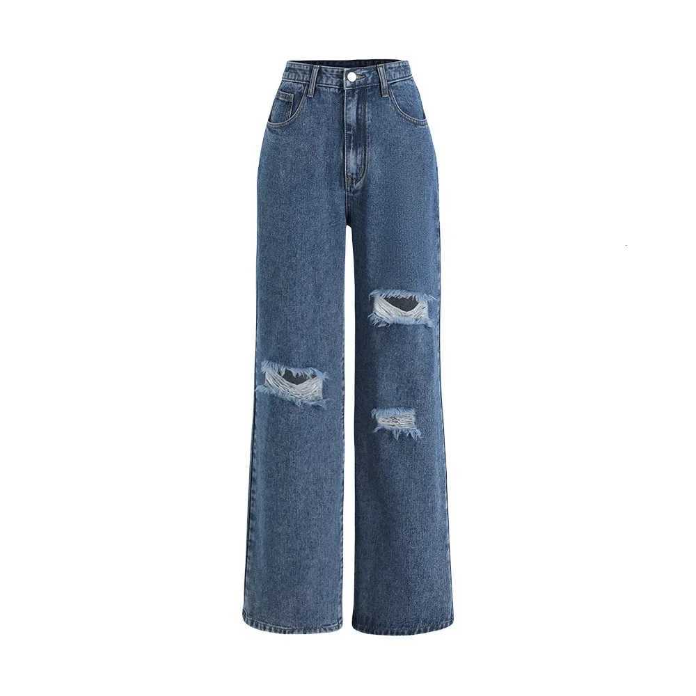 Straight Pants Women Streetwear Hole Jeans High Waist Ripped Washed Pockets 2025 Vintage Basics Ankle Length Trousers Denims Z250910