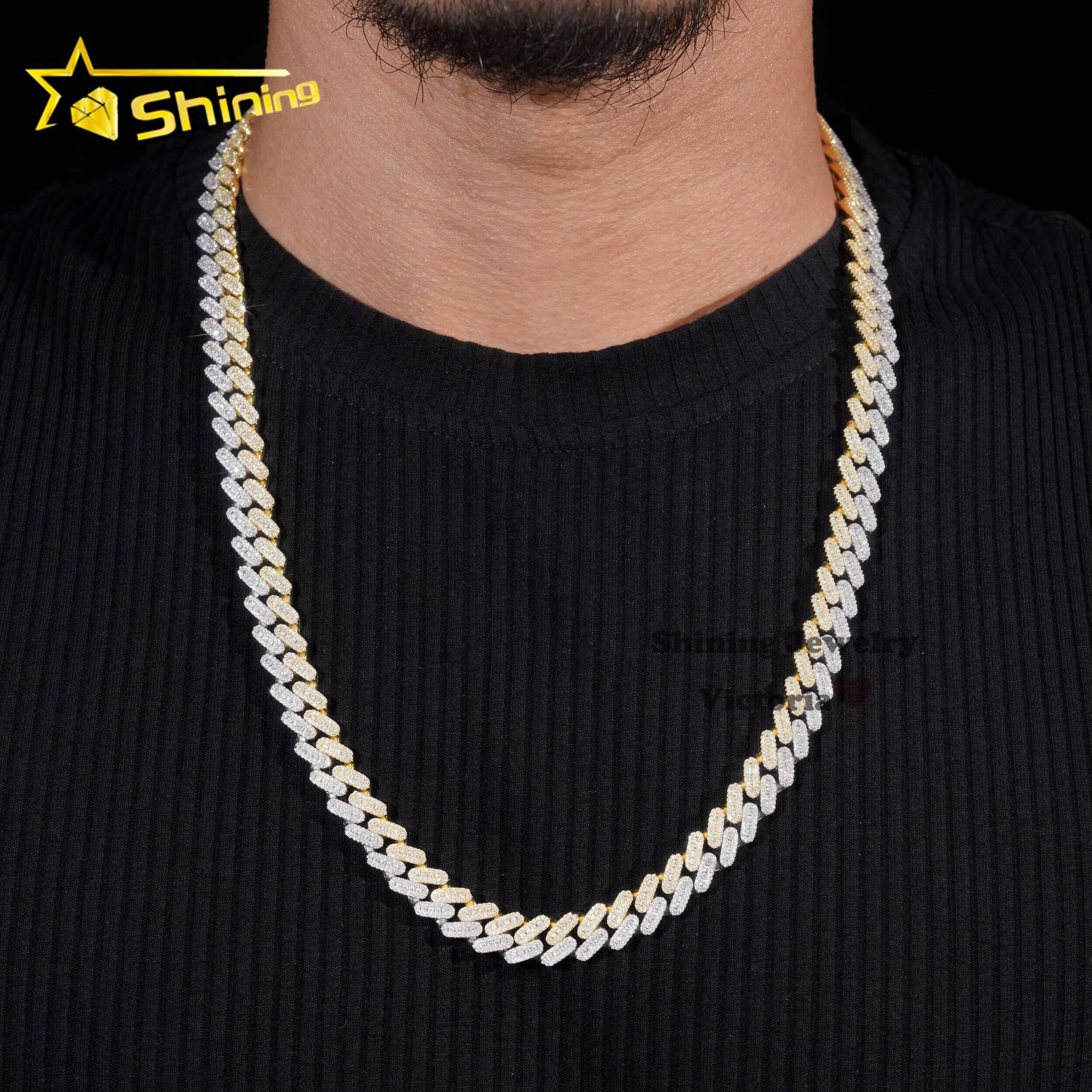 Trendy Pass Diamond Tester Charm Necklace 10MM Three Rows Two Tone Gold Plated 925 Silver Moissanite Diamond Cuban Link Chain