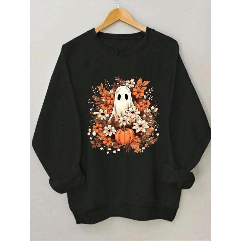 Women's Halloween Themed Ghost Print Drop Shoulder Sweatshirt, Casual Long Sleeve Round Neck Pullover for Daily Wear, Ladies Spring & Fall Clothe