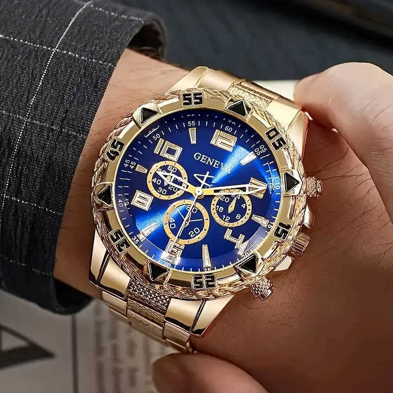 Blue light iride-colored glass men's watch, steel band quartz watch, digital engraving vacation three-eye watch W250704