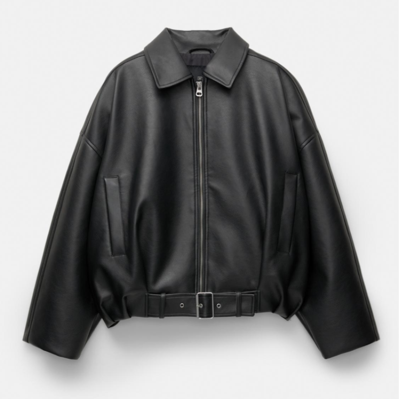 Leather Outerwear Revival Zipper Short Jacket Women's Turn-Down Collar Lace Up Pockets Solid Coats 2025 Autumn Casual Female Streetwear