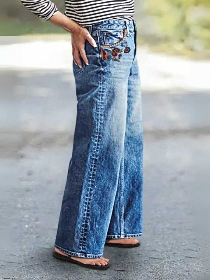 HMEWomens straightleg highwaisted loosefit buckle wash denim jeans retro style loose straightleg fit highquality Z250910