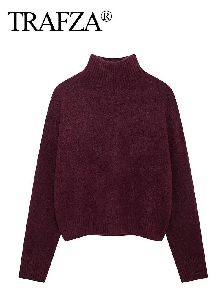 TRAFZA Vintage Bury Turtleneck Sweater Casual Long Sleeve Knitted Pullover Autumn Winter Women Solid Warm Knitwear dongdumaoyi