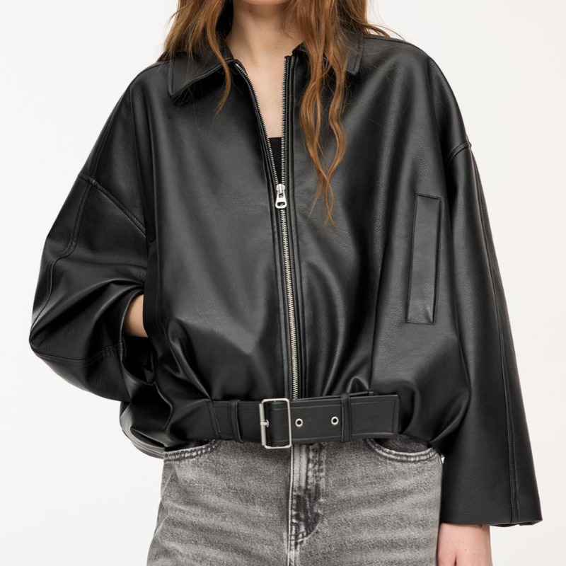 Leather Outerwear Revival Zipper Short Jacket Women's Turn-Down Collar Lace Up Pockets Solid Coats 2025 Autumn Casual Female Streetwear