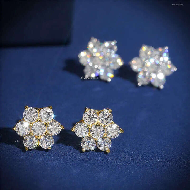 Fashion Stud Women D VVS Moissanite Cluster with Screw Back Sterling Sier Earrings Studs - Ideal for Sensitive Ears