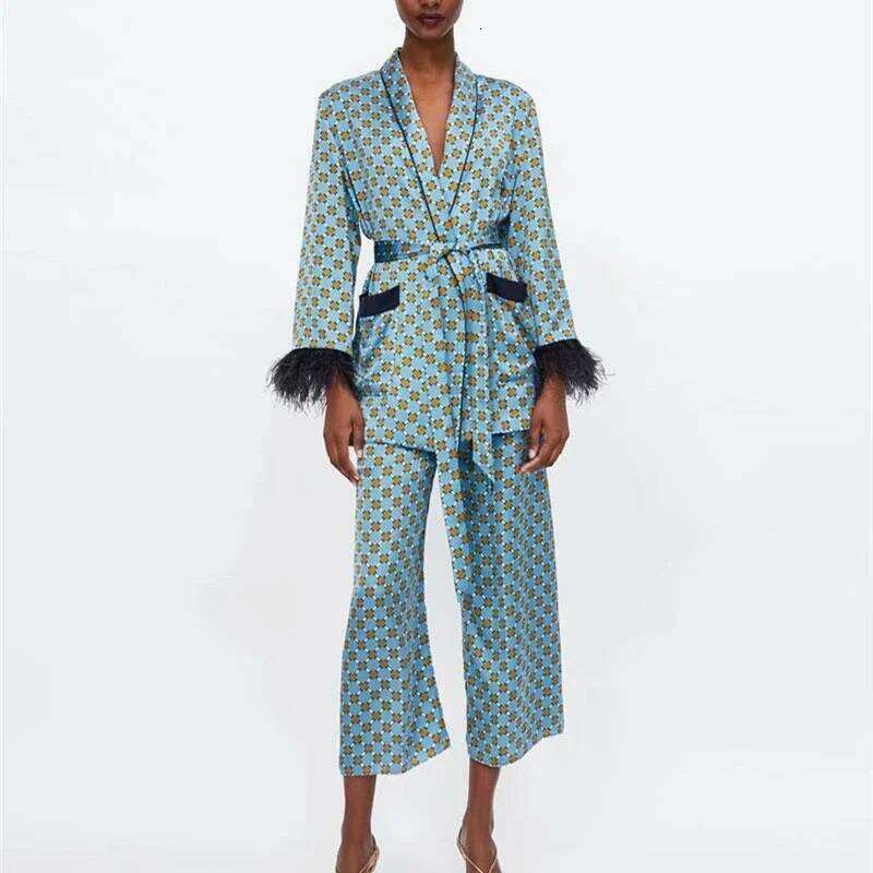Designer Clothing 2025 Women Set Spring Fashion Blue Printed Kimono Jacket With Feather Sleeves Wide Leg Pants Two Piece Vintage Elegant Ladies Suits