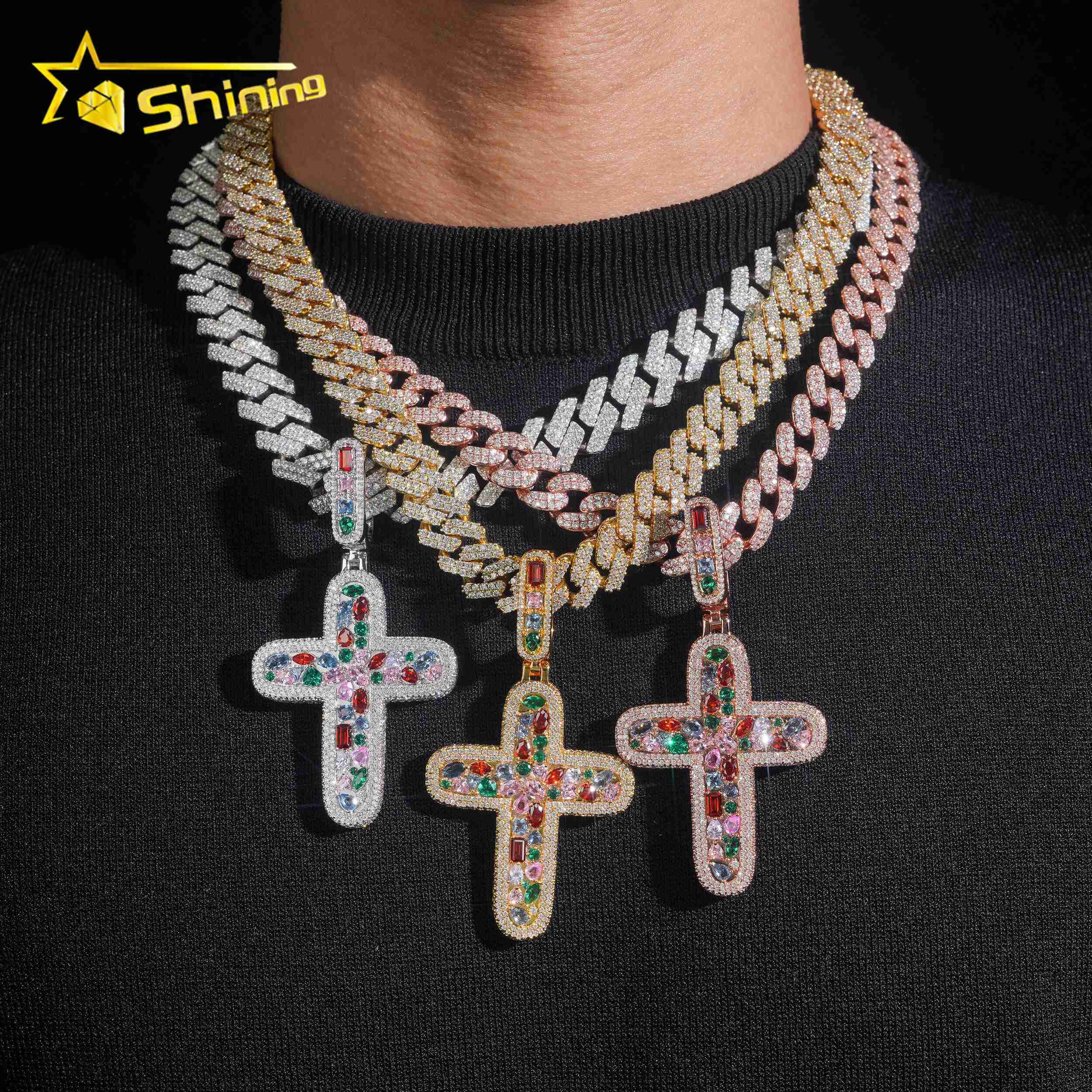 Fashion Body Jewelry Colorful CZ Iced Out Cross Pendant High Quality Men Women Brass Hip Hop Pendant Necklace Daily Wear