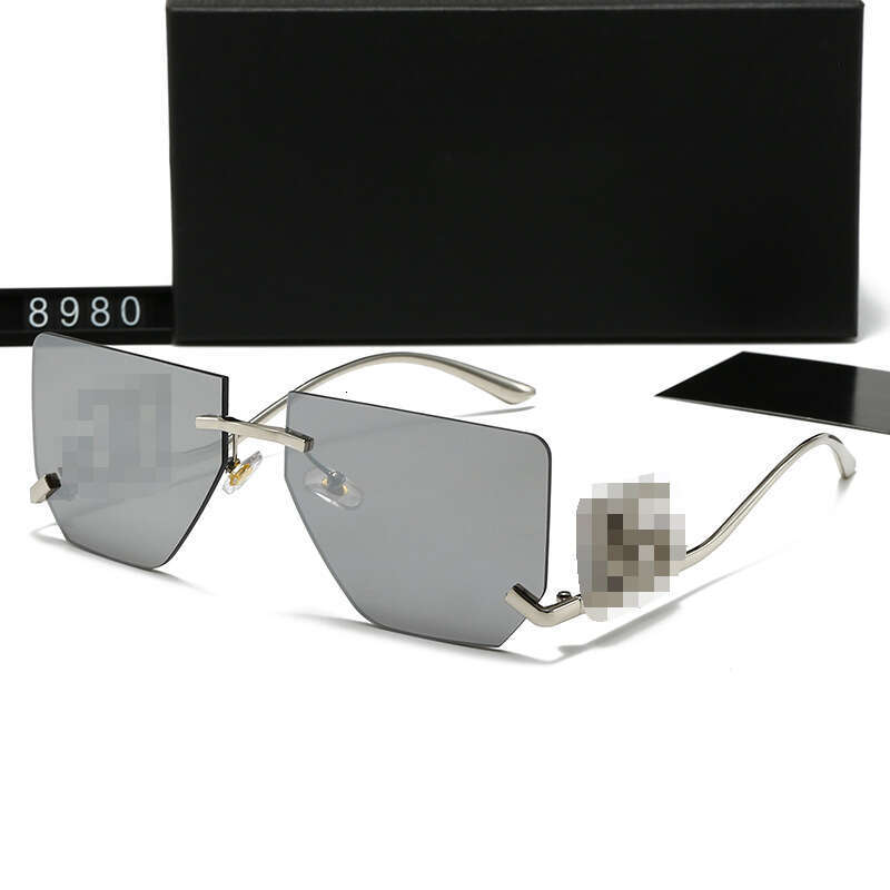 New Men and Women Metal fashion Rimless Cut Edge Large Frame Curved Leg Hollow Letter Sunglasses Korean Street Style Glasses 8980