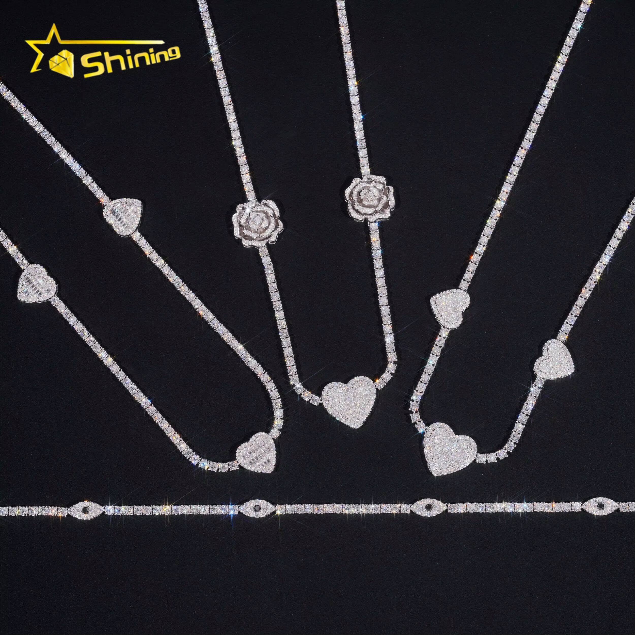 Iced Out Bling Vvs1 D Color Moissanite Diamond Tennis Chain Necklace With Heart Rose Eye Charms