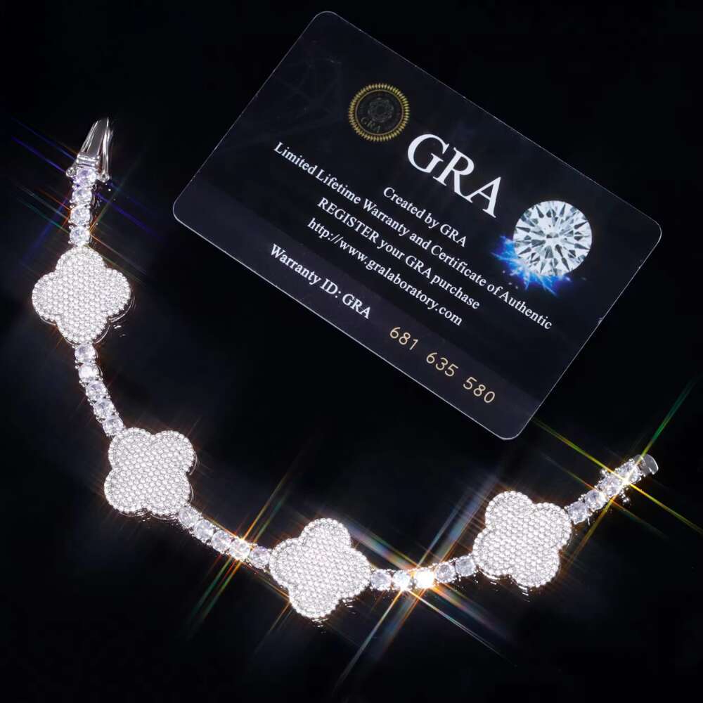 Hip Hop Ice Dia Four Leaf Clover Sier VVS Tennis Bracelet GRA Moissanite Bracelets Bangles