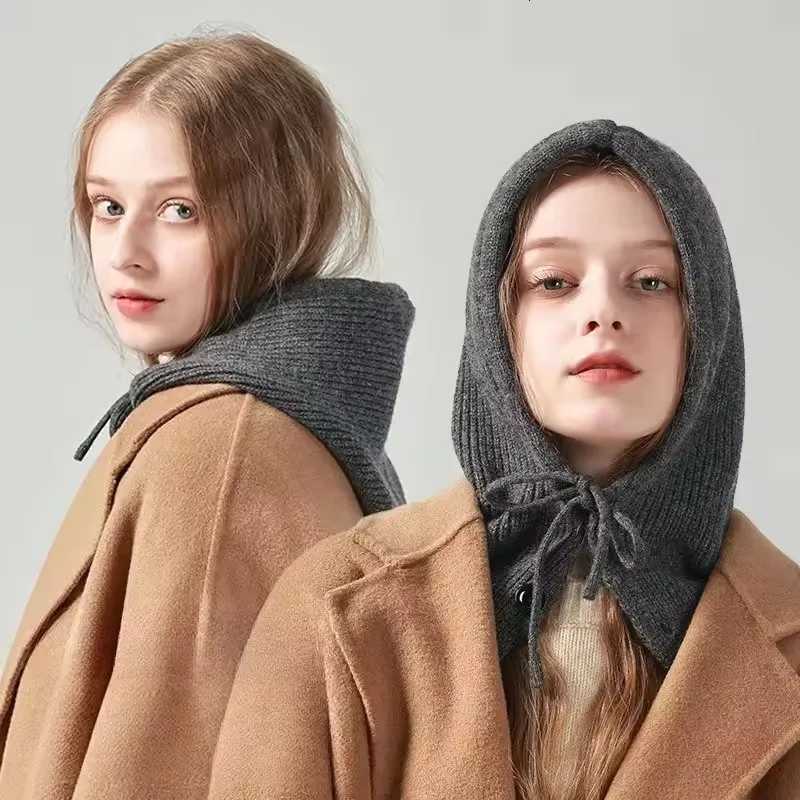 Knitted Hooded s Winter clava Hats Wen Korean Sty Outdoor Warmer Drawstring Hats Onepiece Neck Collar Beanies G250910