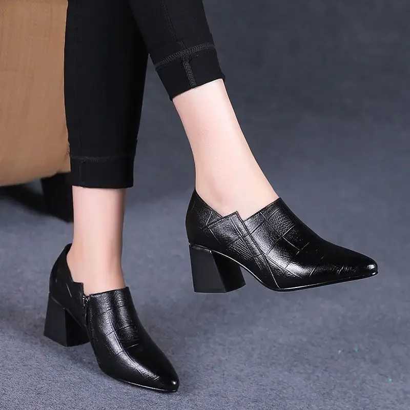 Highheeled Shoes Womens 2025new Allmatch Thickheeled Pointed Leather Shoes Midheeled Black Professional Shoe Womens Shoes W250910