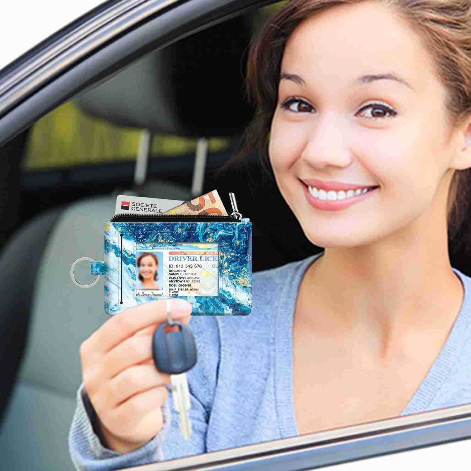 Zip ID Case Card Holder Slim Coin Purse Wallet RFID Blocking Change Pouch with Key ChainZ250910