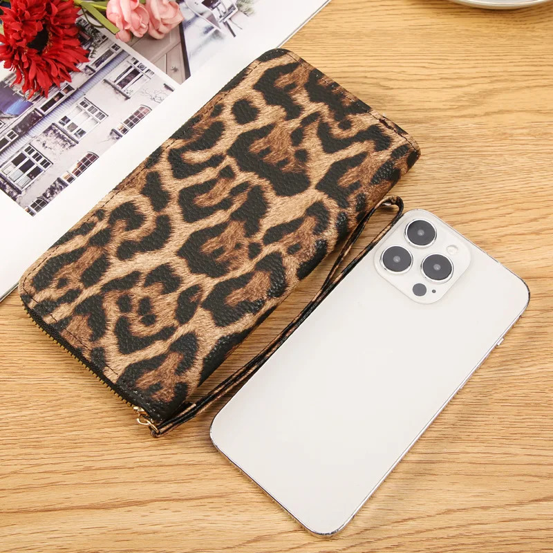 Vintage Leopard Print Long Wristlet Wallet Clutch for Women Leather Zipper Cell Phone Purse Credit Card Wallet with Coin Pocket 250909