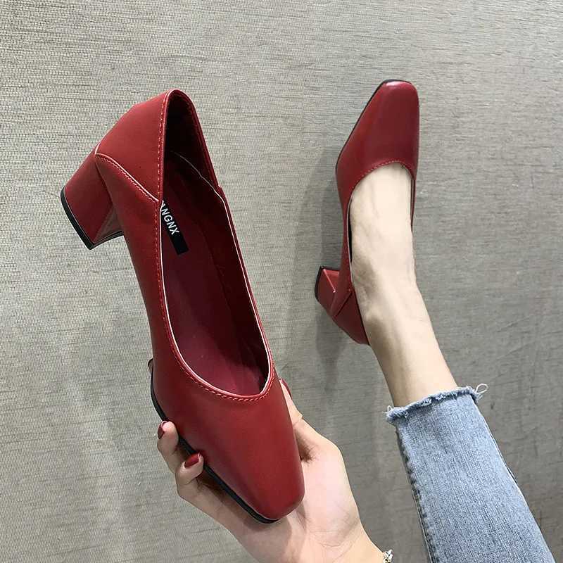 Shallow Mouth with Followup Shoes 2024 New Simple Solid Color Middle Heel Square Toe Daily Work Single Shoe Zapatos De Mujer W250910