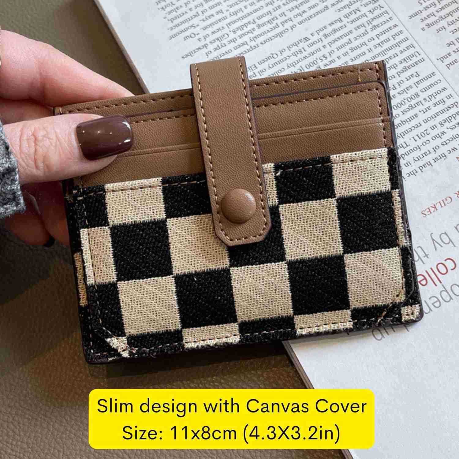 Cute Slim Card Holder Canvas Front Pocket Checkered Wallet Small CARD Case for Women BrownZ250910