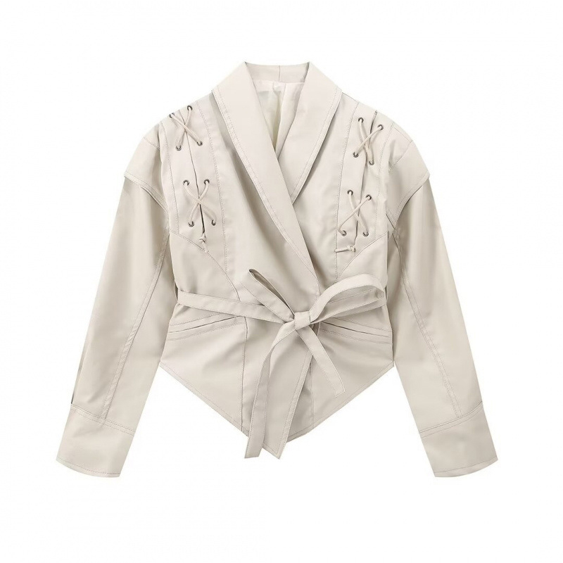 Street Solid Color Lace Up Leather Jacket Woman Waist Cinching Long Sleeves Lapel Coat Casual Versatile Women's New Leather Outerwear Revival