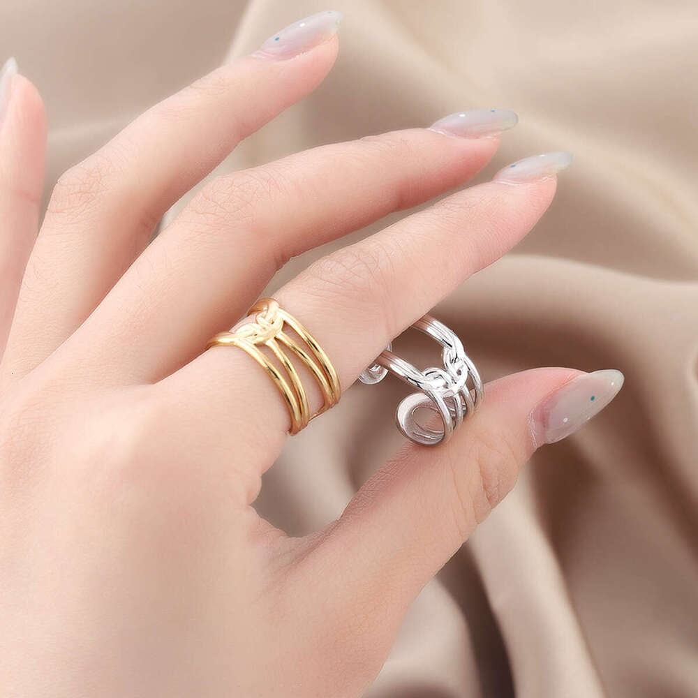 New Elegant Line Knot Design Open Stainless Steel for Women, Vacuum Gold Plated, Non-Fading Ring