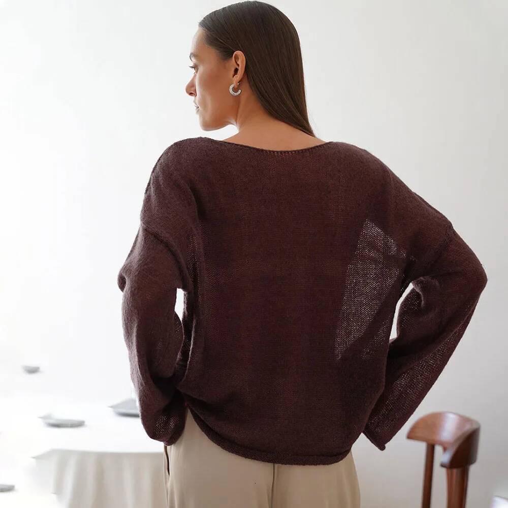 Talenza Hollow Sweater Women's Solid See-through O-Neck Long Sleeve Knitted T-Shirt Loose Casual Pullover 2025 dongdumaoyi