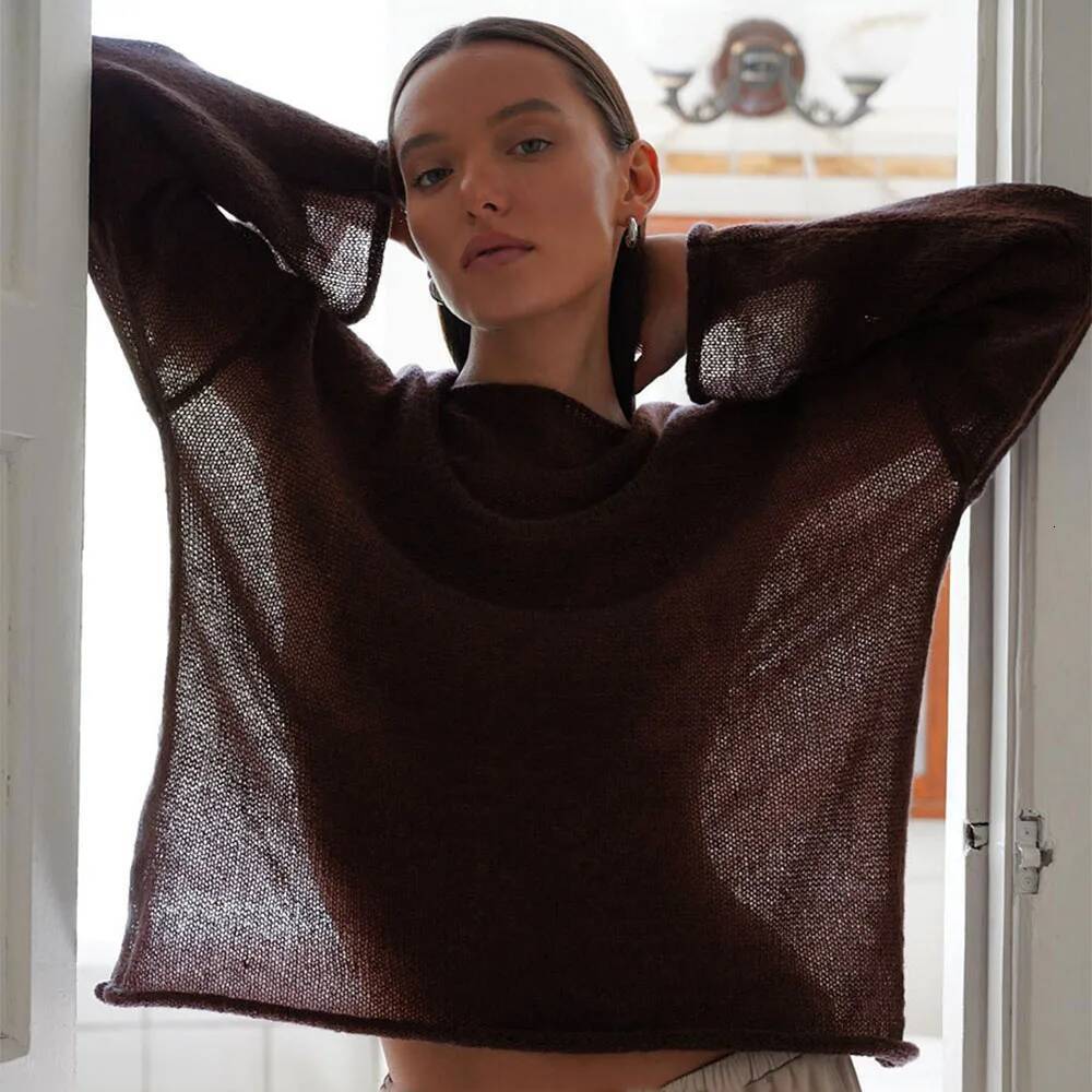 Talenza Hollow Sweater Women's Solid See-through O-Neck Long Sleeve Knitted T-Shirt Loose Casual Pullover 2025 dongdumaoyi