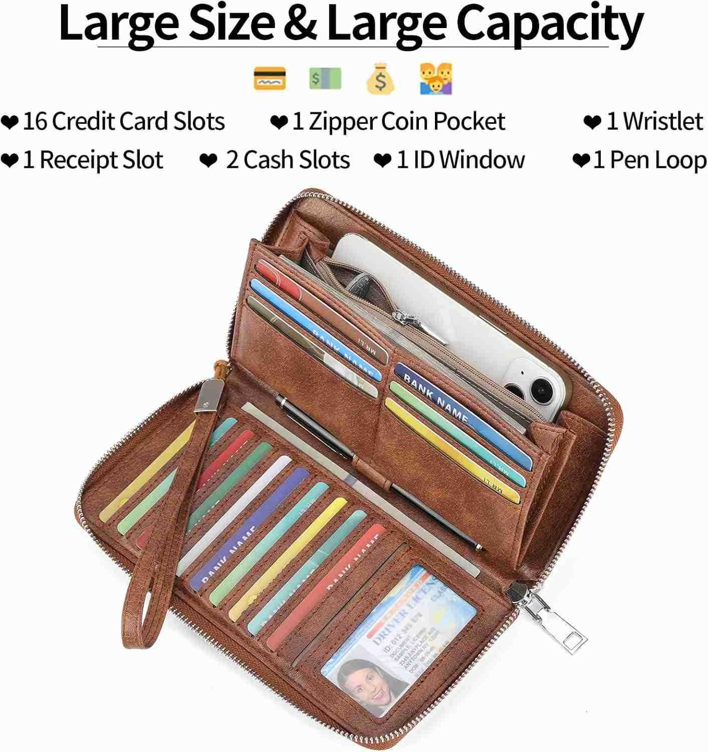 Womens Wallet RFID Blocking Leather Large Capacity Long Purse Card Clutch WristletZ250910