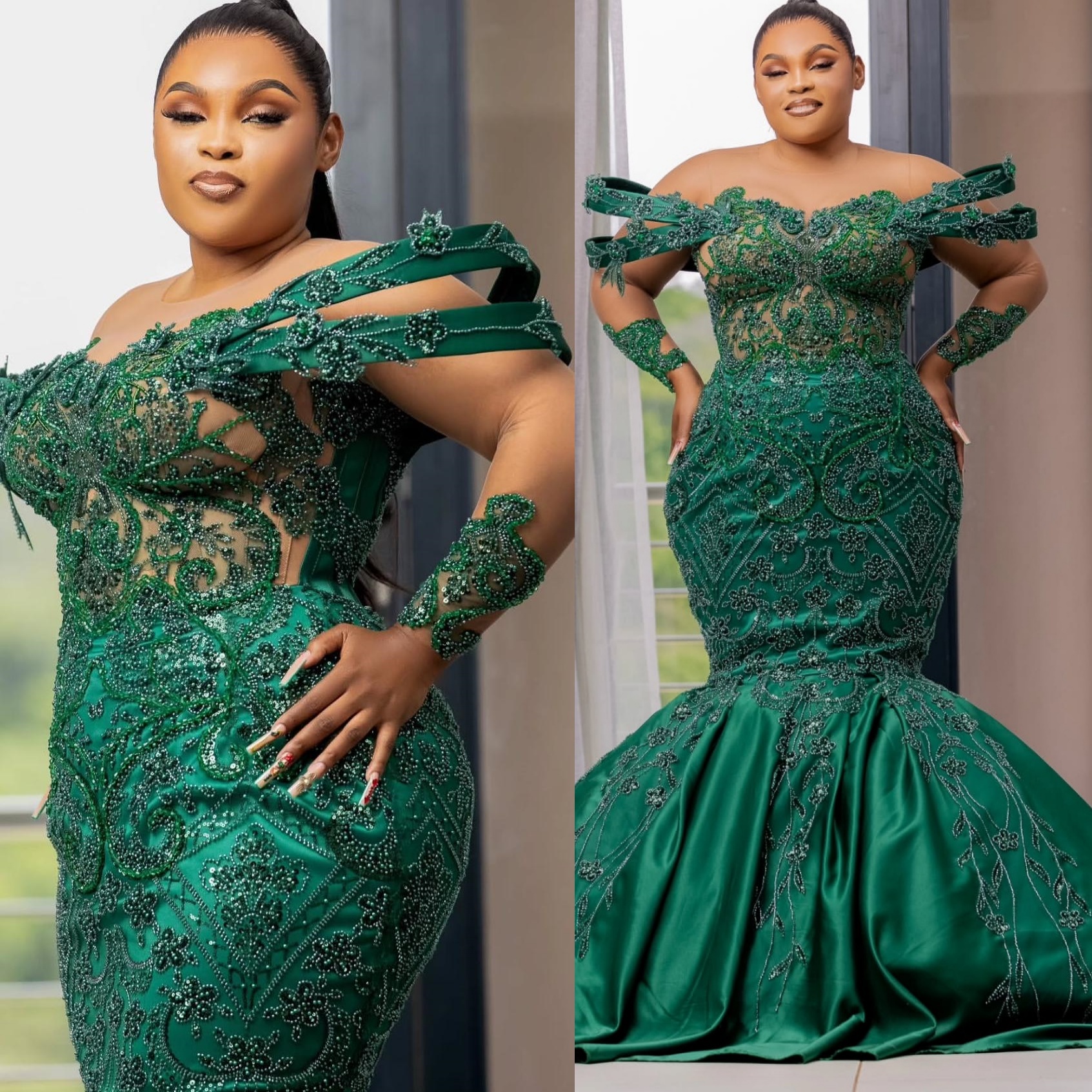 Mermaid Dark Green Prom Dresses 2025 Sheer Neck Sequined Lace Evening Formal Party Second Birthday Engagement Gowns Plus Size Dress For Special Occasi